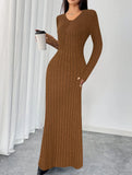 Plus-size ribbed elegant V-neck dress for women