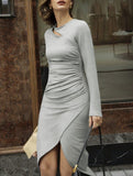 Hollow-out, slanted, irregularly slit fitted dress