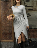 Hollow-out, slanted, irregularly slit fitted dress