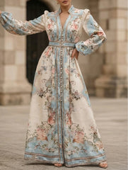 Printed V Neck Slim Fit Midi Dress_CWDMD01936
