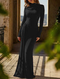 High-neck long-sleeved patchwork fitted dress
