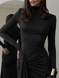 High-neck long-sleeved patchwork fitted dress