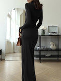 High-neck long-sleeved patchwork fitted dress