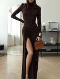 High-neck long-sleeved patchwork fitted dress