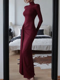 High-neck long-sleeved patchwork fitted dress