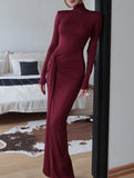 High-neck long-sleeved patchwork fitted dress