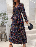 Printed V-neck long-sleeved fashion dress
