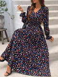 Printed V-neck long-sleeved fashion dress