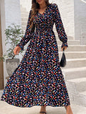 Printed V-neck long-sleeved fashion dress