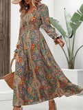 Printed V-neck long-sleeved fashion dress