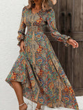 Printed V-neck long-sleeved fashion dress