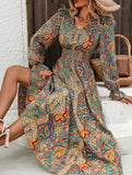Printed V-neck long-sleeved fashion dress