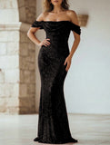 Sequin Off Shoulder Slit Casual Maxi Dress