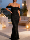 Sequin Off Shoulder Slit Casual Maxi Dress