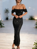 Sequin Off Shoulder Slit Casual Maxi Dress