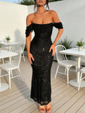 Sequin Off Shoulder Slit Casual Maxi Dress