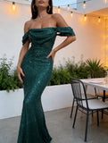 Sequin Off Shoulder Slit Casual Maxi Dress