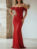 Sequin Off Shoulder Slit Casual Maxi Dress