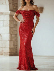 Sequin Off Shoulder Slit Casual Maxi Dress