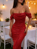 Sequin Off Shoulder Slit Casual Maxi Dress