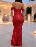 Sequin Off Shoulder Slit Casual Maxi Dress