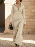 Half Zip Polo Neck Slim Long Sleeve Maxi Dress_CWDMD01998