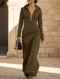 Half Zip Polo Neck Slim Long Sleeve Maxi Dress_CWDMD01998