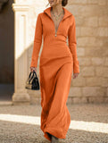 Half Zip Polo Neck Slim Long Sleeve Maxi Dress_CWDMD01998
