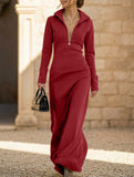 Half Zip Polo Neck Slim Long Sleeve Maxi Dress_CWDMD01998