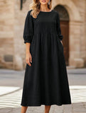 Stylish lantern sleeve loose-fitting dress with pockets