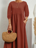 Stylish lantern sleeve loose-fitting dress with pockets