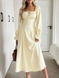 Square Neck Tie Waist Long Sleeve Dress_CWDMD02031