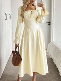 Square Neck Tie Waist Long Sleeve Dress_CWDMD02031