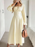 Square Neck Tie Waist Long Sleeve Dress_CWDMD02031