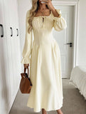 Square Neck Tie Waist Long Sleeve Dress_CWDMD02031