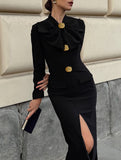 Elegant V-neck bow waist-cinching dress for women_CWDMD02105