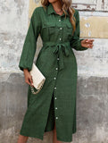 Green Collared Long Sleeve Solid Dress_CWDMD02119