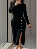 Slim-fit elegant slit commuter dress for women_CWDMD02157