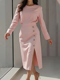 Slim-fit elegant slit commuter dress for women_CWDMD02157