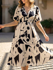 V Neck Waist Fitted Short Sleeve Dress