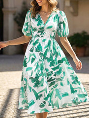 V Neck Waist Fitted Short Sleeve Dress