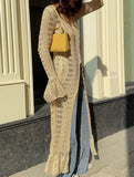 Women's openwork knitted ruffled bell sleeve coat dress_CWDMD02176