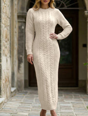 Fashionable cable knit long-sleeved wool dress for women_CWDMD02177
