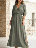 Solid High Waist V Neck Slit Dress_CWDMD02215
