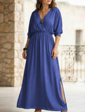 Solid High Waist V Neck Slit Dress_CWDMD02215