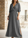 Solid High Waist V Neck Slit Dress_CWDMD02215