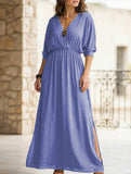 Solid High Waist V Neck Slit Dress_CWDMD02215