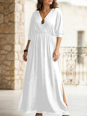 Solid High Waist V Neck Slit Dress_CWDMD02215