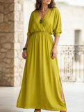 Solid High Waist V Neck Slit Dress_CWDMD02215