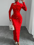 Pearl-embellished slim-fit sexy waist-revealing dress_CWDMD02216